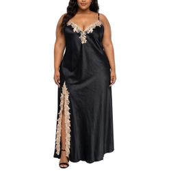 SHEIN Black Satin Maxi Nightgown Gold Lace V-Neck Side Split Lingerie Dress 2XL