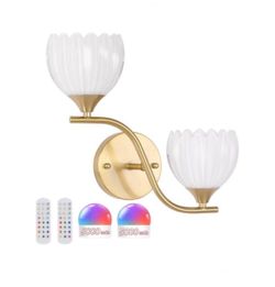 Shenmoy| Battery Operated Wall Sconce, 2-Lights Vinatge Brass Wall Lighting with White Tluip Shade Rechargeable Bulb with Remote for Living Room, Bedr