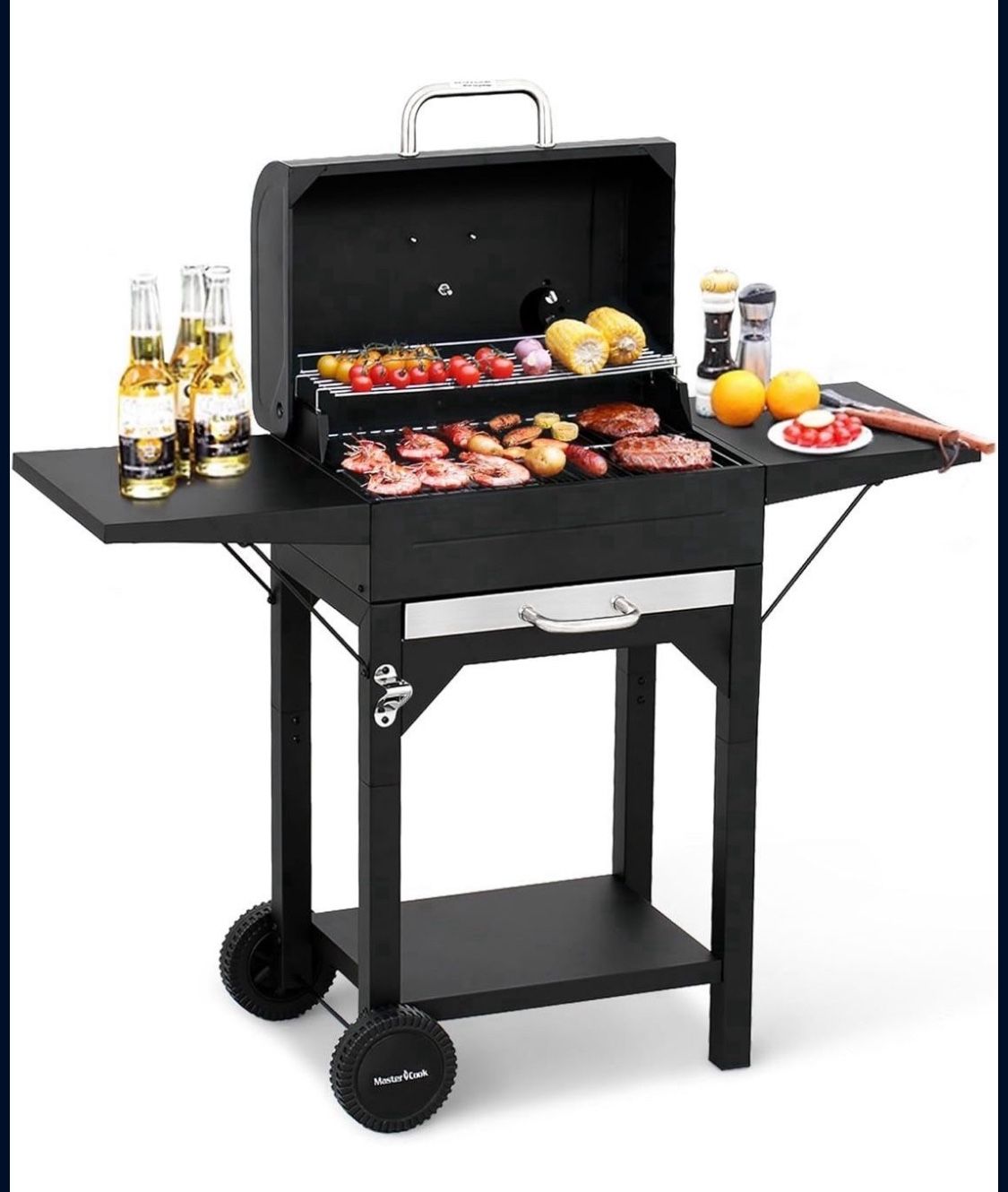 MASTER COOK Charcoal Grill with Two Side Tables, Heavy-duty Steel Barbecue BBQ Grill