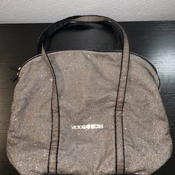 Victoria's Secret Black Metallic Gold Glitter Zipper Weekender Travel Tote Bag