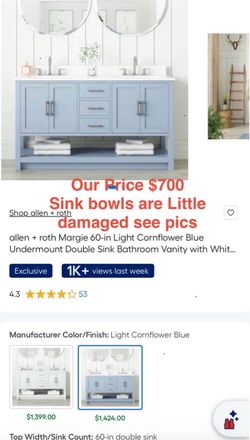 allen + roth Margie 60-in Light Cornflower Blue Undermount Double Sink Bathroom Vanity with Whit...