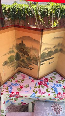 Vintage Japanese 4-Panel Folding Screen Byobu - Hand-Painted Landscape Kōdō 光堂Japanese Room Divider Folding Screen 4 Panel Mountain Landscape Signed K