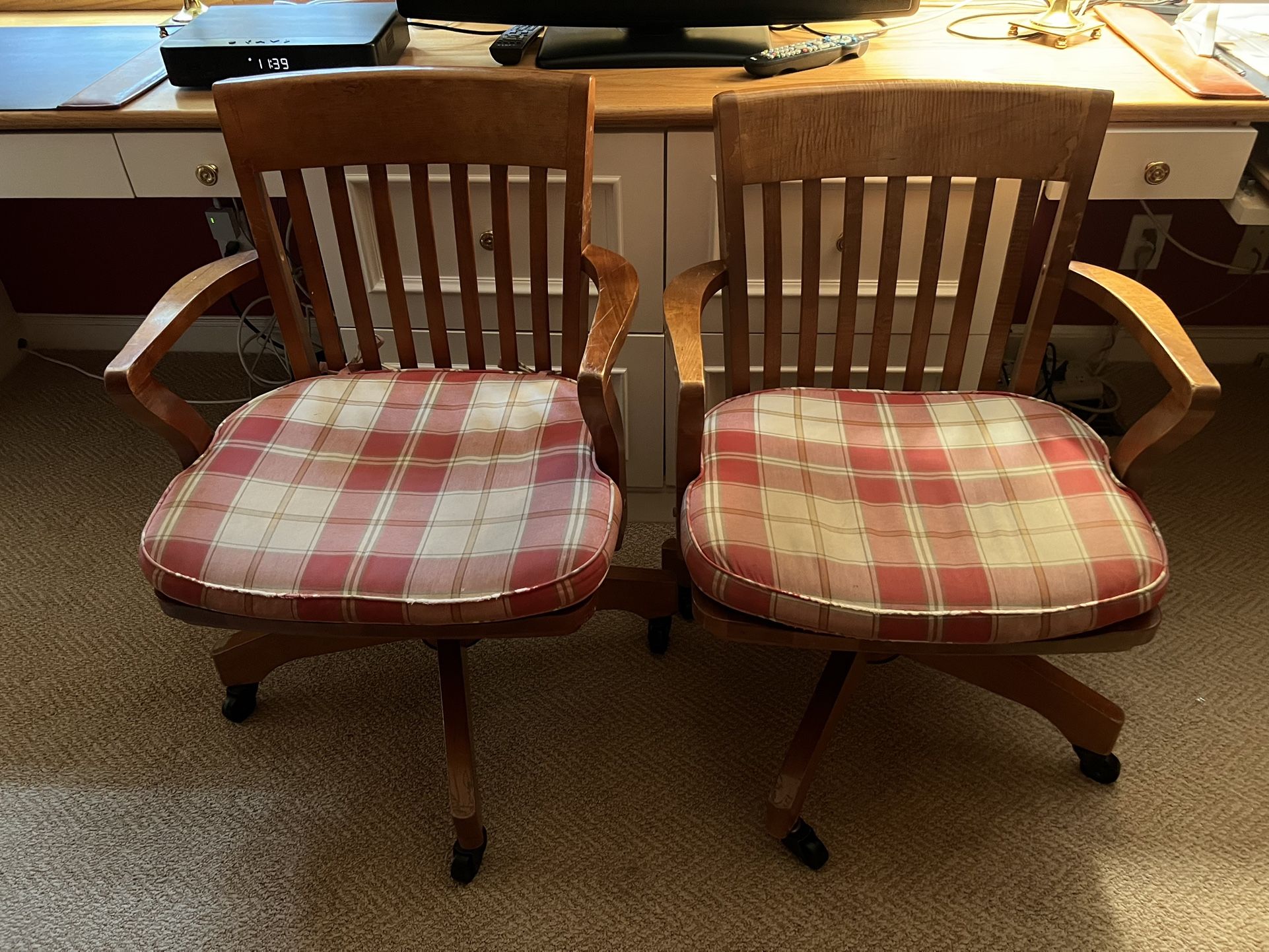Pair of Pottery Barn Desk Chairs with Custom Cushions (can be sold separately) Adj Height, Swivel 24w $120 each or $225 Both