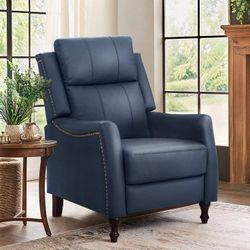 Lange 28in. W Navy Genuine Leather Nailhead Trim Recliner Armchair with Cushioned Back and Wooden Legs