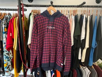 The Hundreds Red Navy Plaid Pullover Hoodie White Script Logo Size 2XL