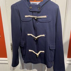 Really Nice Ladies Size Large Tommy Hilfiger Navy Blue Toggle Coat with Hood