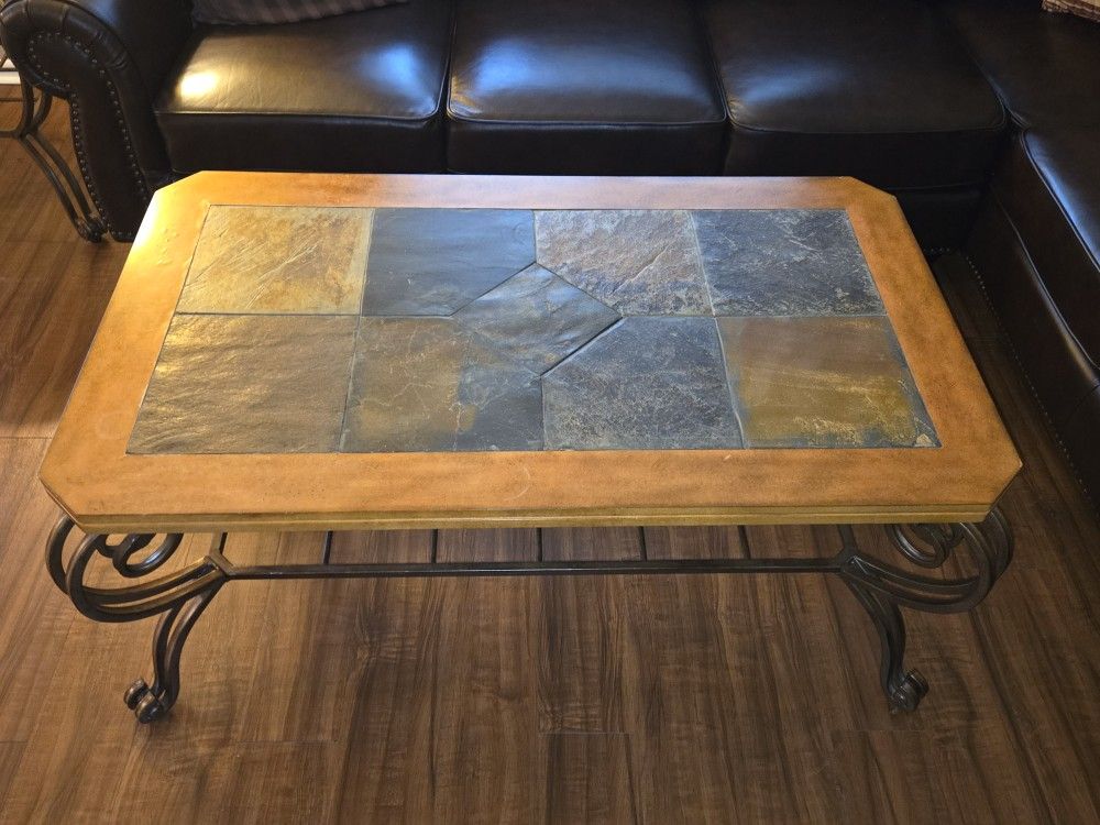 Beautiful Wood Metal/Slate Coffee Table And End Tables