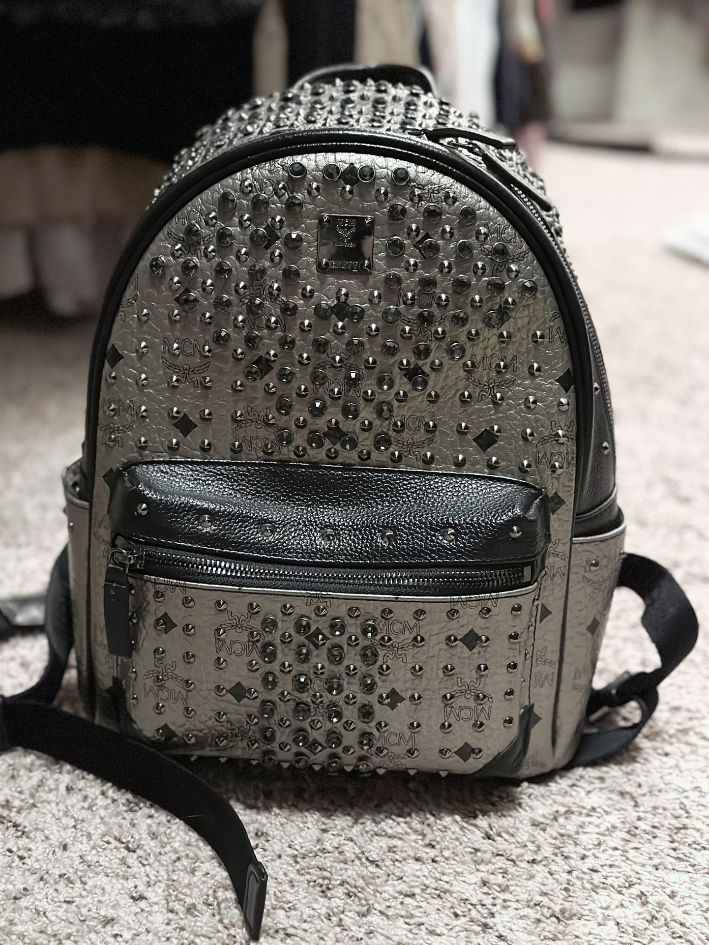 MCM Silver Black Leather Studded Backpack