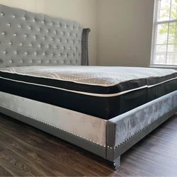 Grey Upholstered Diamond Tufted King And Queen Size Bed Frame