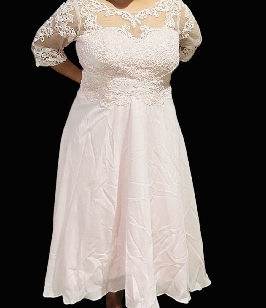 Azazie Marge Blushing Pink A-Line Scoop Lace Chiffon Dress