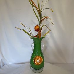 Italian Hand Blown Green With Applied Flower Art Glass Vase