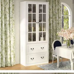 on sale🔥White Wooden 31.5 in. W Buffet Pantry Cabinet Kitchen Cabinet with Adjustable Shelves and Tempered Glass Doors, Drawers 