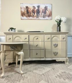 Refinished  nine drawer dresser and side table set