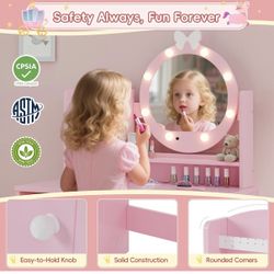 MU Kids Vanity Table and Chair Set – Princess Girls Vanity Set with Mirror, Lights, Jewelry Storage, and Cushioned Stool, Toddler Makeup Vanity for Li