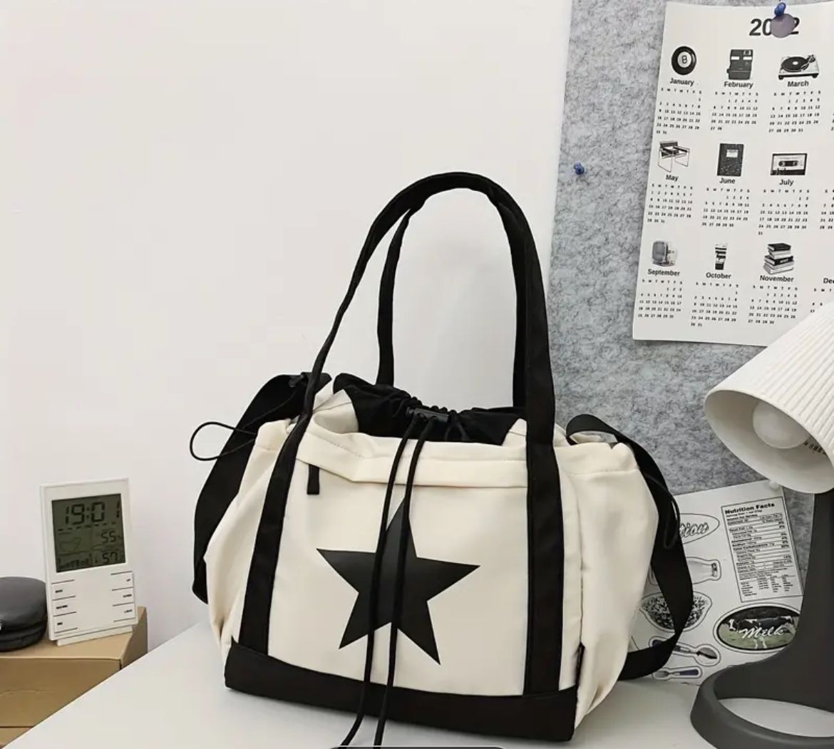 Star Pattern Drawstring Crossbody Bag, Nylon Textured Bag, Classic Fashion Versatile Shoulder Bag