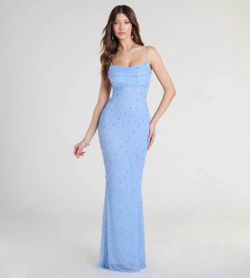Windsor Brand Light Blue Formal Dress W/Cowl Neck & Blue Pearl Beads, Size Large