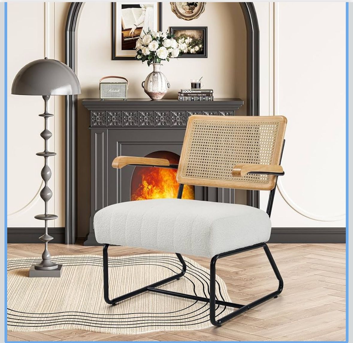 Accent Chairs - Living Room Chairs Mid-Century Modern Style Breathable Mesh Rattan Backrest Velvet Seat Oversized Bedrooms Reading Office White Black