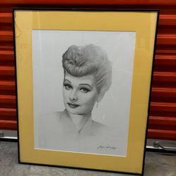 framed pencil portrait of Lucille Ball 1989 by Gary Sadurap. 31”x26”