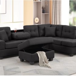 New Black Sectional Couch with Drop Down Table! Includes Free Delivery 🚚! Free Assembly!