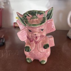 Vintage Pink and Green Pig Planter With Bow