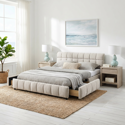 Clara Queen Chenille Upholstered Storage Platform Bed with 4 Under-Bed Drawers