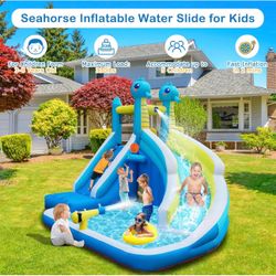 Inflatable Water Slide for Kids Backyard, 5-in-1 Bounce House with Climbing Wall, Splash Pool, Water Cannon & Basketball Hoop, Outdoor Toddler Water P