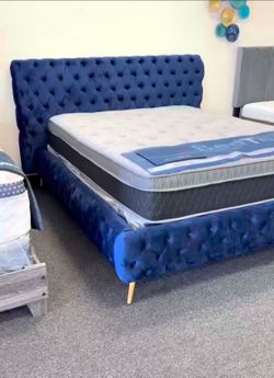 Navy Blue Velvet Queen Size Bed Frame