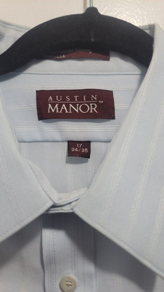 Austin Manor Perf. Plus Men's Blue & White Striped Dress Shirt Size 17 34/35