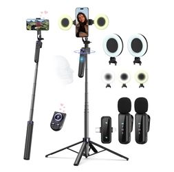 Vlogging Kit for iPhone/Android, 63”Auto Face Tracking Tripod for iPhone with Light, Wireless Microphones, Scrolling Remote Control for TikTok, Conten