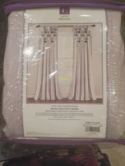 NEW 5 curtain panels with pom poms 52 in wide. Four of them are 84 in long and one of them is 95 in long