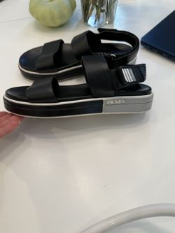 Prada Logo Embossed Rubber Trimmed Leather Sandals Black