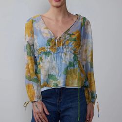 NEW YORK & COMPANY Floral Tie Sleeve Organza Baby Doll Blouse