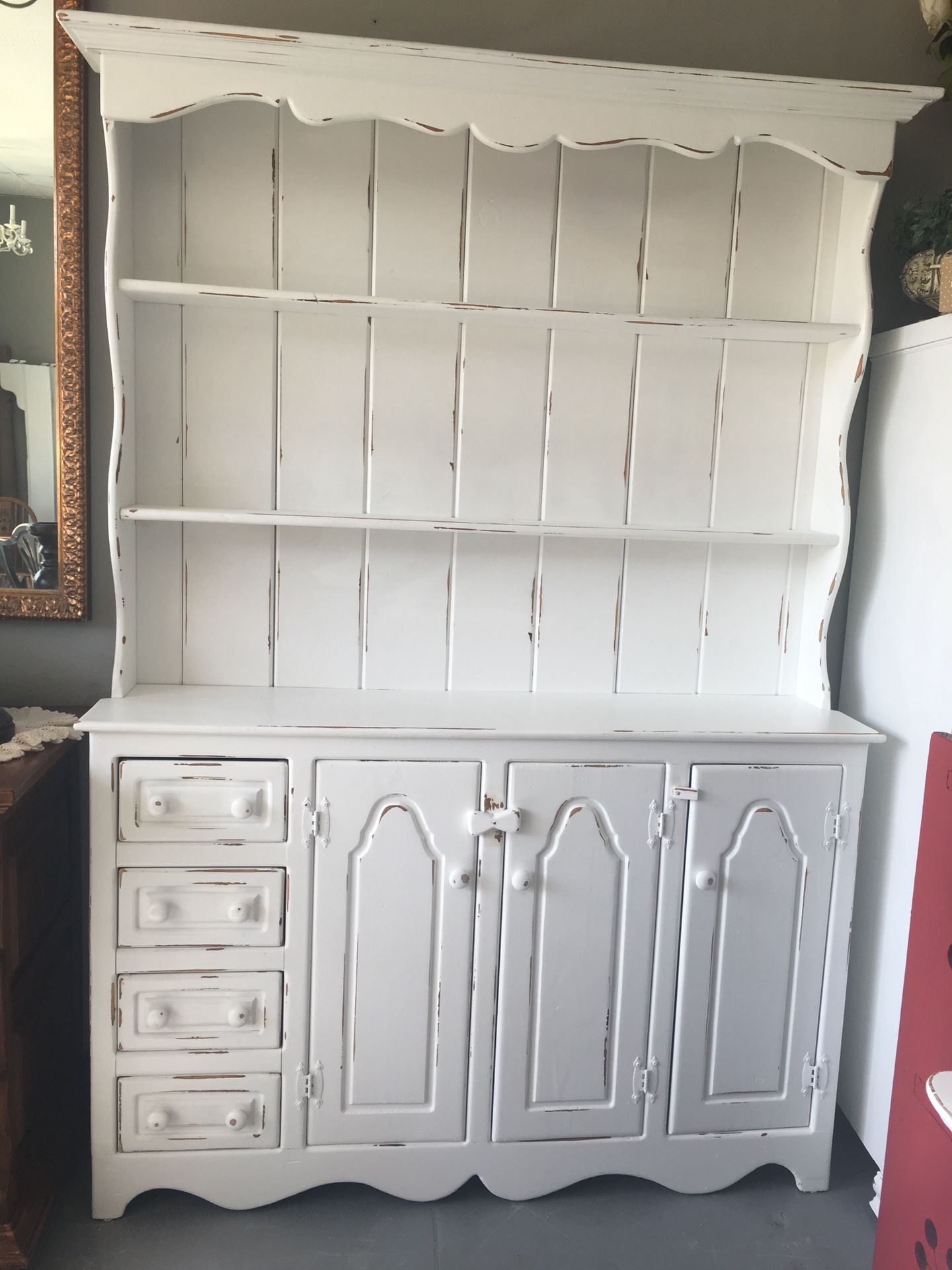 Vintage white distressed farmhouse hutch storage cabinet