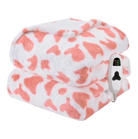 Cow Print Heated Electric Blanket with 10 Heat Levels & 8 Hours Auto Off 50x60