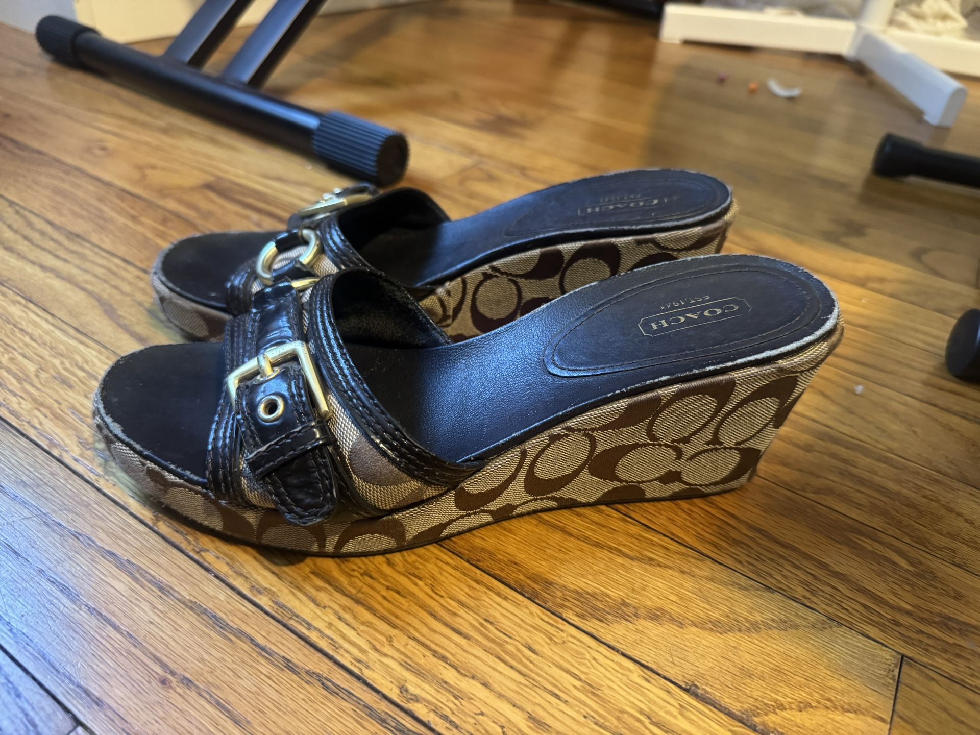Coach Wedge Sandals: Khaki Jacquard & Black Leather; Size 8.5B