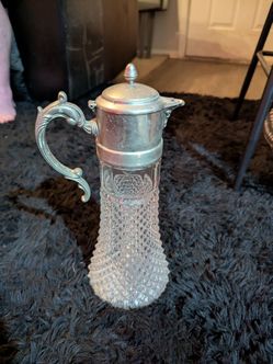 Antique Victorian Diamond Point Pressed Glass Claret Jug Silver Plate Lid Handle Wine Pitcher Decan