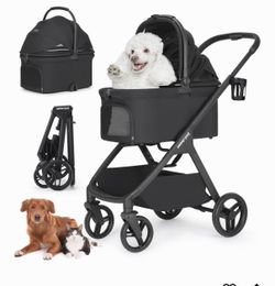 5 Luxury Pet Stroller for Medium Dog Up to 55 lbs or 2 Small Dogs Cats, 3-in-1 Detachable Carrier & Car Seat, One-Touch Folding, Adjustable Handle, Al