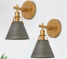 LNC Vintage Gray Mid-Century Bell Wall Sconce with Metal Shade & Brushed Gold Accents, 1-Light Decorative Fixture (2-Pack)
