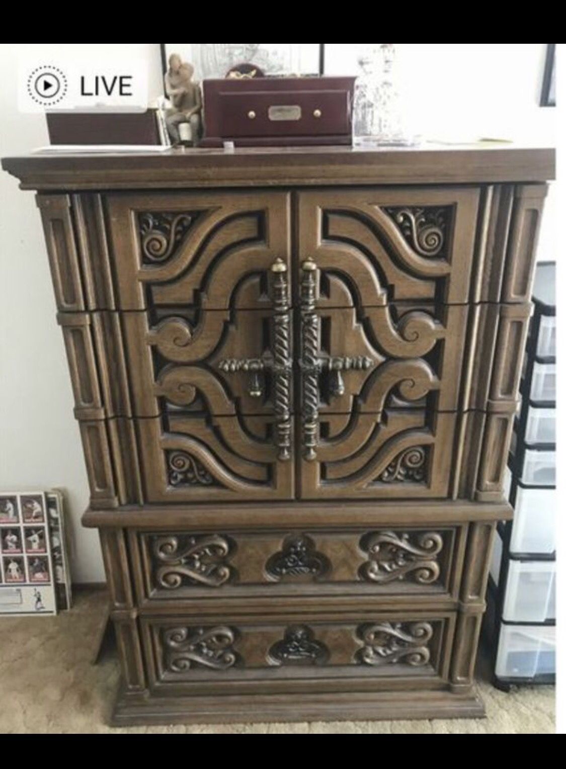 Beautiful antique armoire for clothes or daily use . It has 5 drawers all in good shape. Solid wood and stores a lot of stuff. Pick up only. Serious