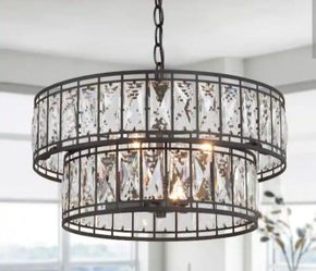 LNC Cristallo Modern 4-Light Black Candlestick Chandelier with Glam 2-Tier Crystal Drum Shade Island Pendant for Living Room