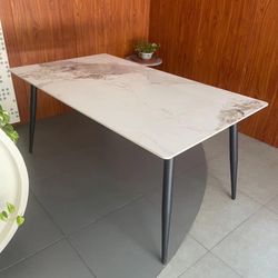 Dining Table with Marble Sintered Stone White 55" Rectangular Dining Room Table with Metal Legs for 4-6 People, Scratch Resistant & Easy to Clean, Tab