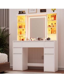 ❤️‍🔥 COWMOU Tall Vanity Desk with LED Mirror and RGB Lights Shelves