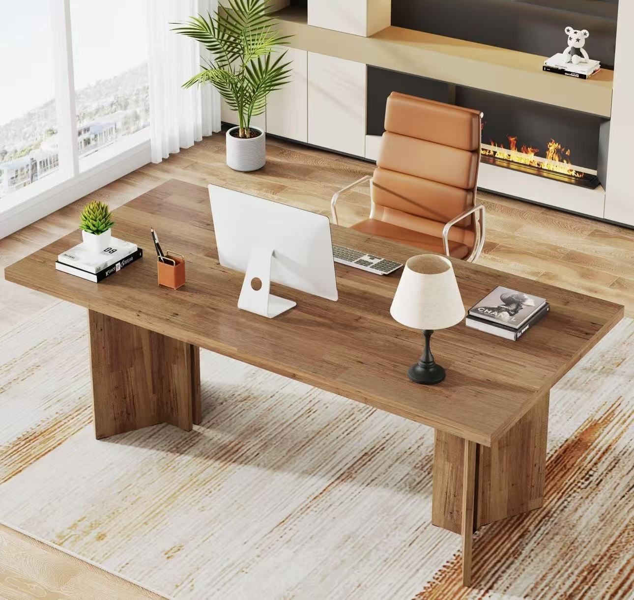 JW0676 63" Wood Executive Desk, Farmhouse Computer Desk with Large Tabletop