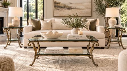 Coffee Table & 2-End Tables Maitland-Smith 3-piece Forged Iron & Beveled Glass