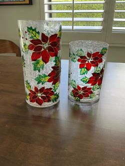 Poinsettia Crackle Glass Candle Holders Set of 2