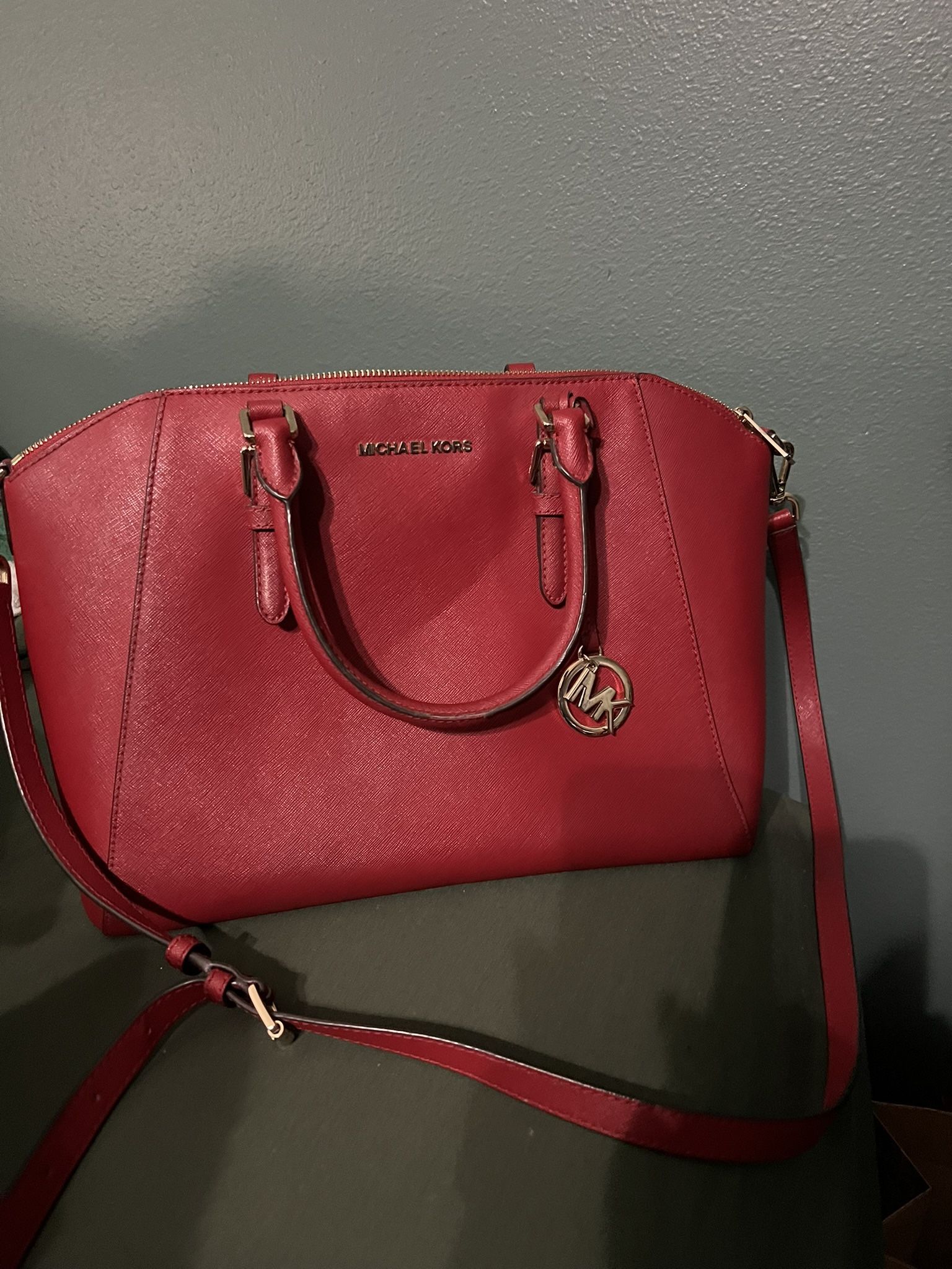 MICHAEL KORS SCARLET RED CIARA LARGE SAFFIANO LEATHER SATCHEL+WRISTLET RARE