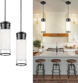 Black Cylindrical Pendant Hanging Light Fixtures (Set of 2)