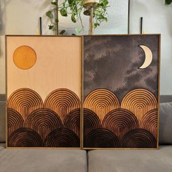 Mid Century Modern Sun & Moon Canvases (2)