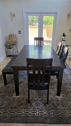 Dark Hardwood Extended Dining Table for sale with 4chairs and bench