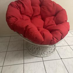 OSP Home Furnishings Wicker Papasan Chair with 360-Degree Swivel, Cream Frame with Red Cushion